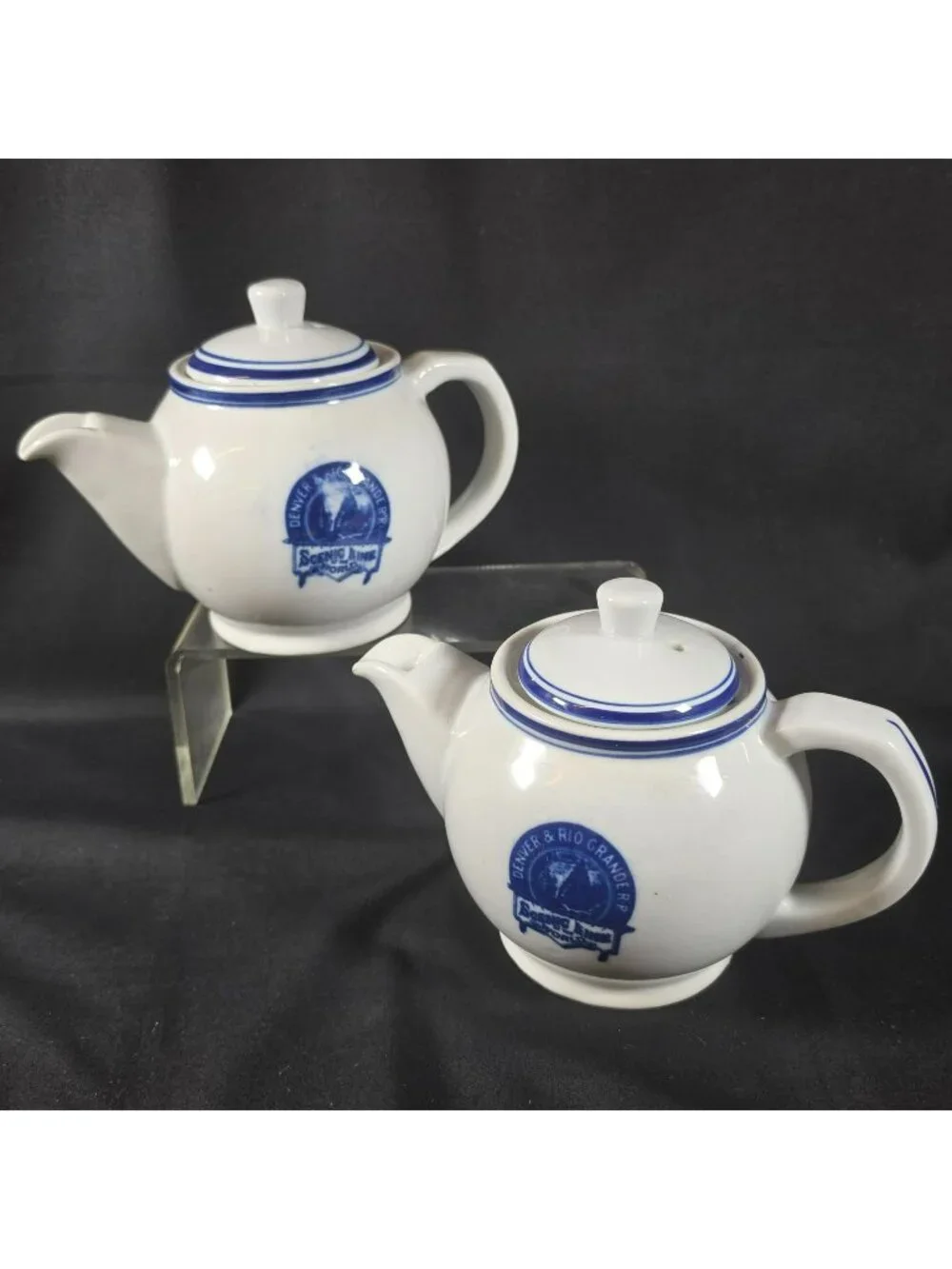 Set of 2 Denver & Rio Grande Railroad Tea Pots Blue Logo Souvenir Reproduction